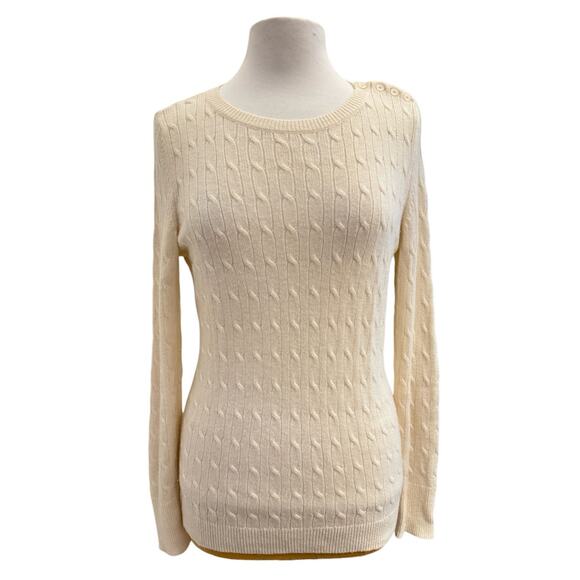 Talbots Cable Knit Sweater Ivory M Button Shoulders Lambswool Classic Capsule - Picture 9 of 9